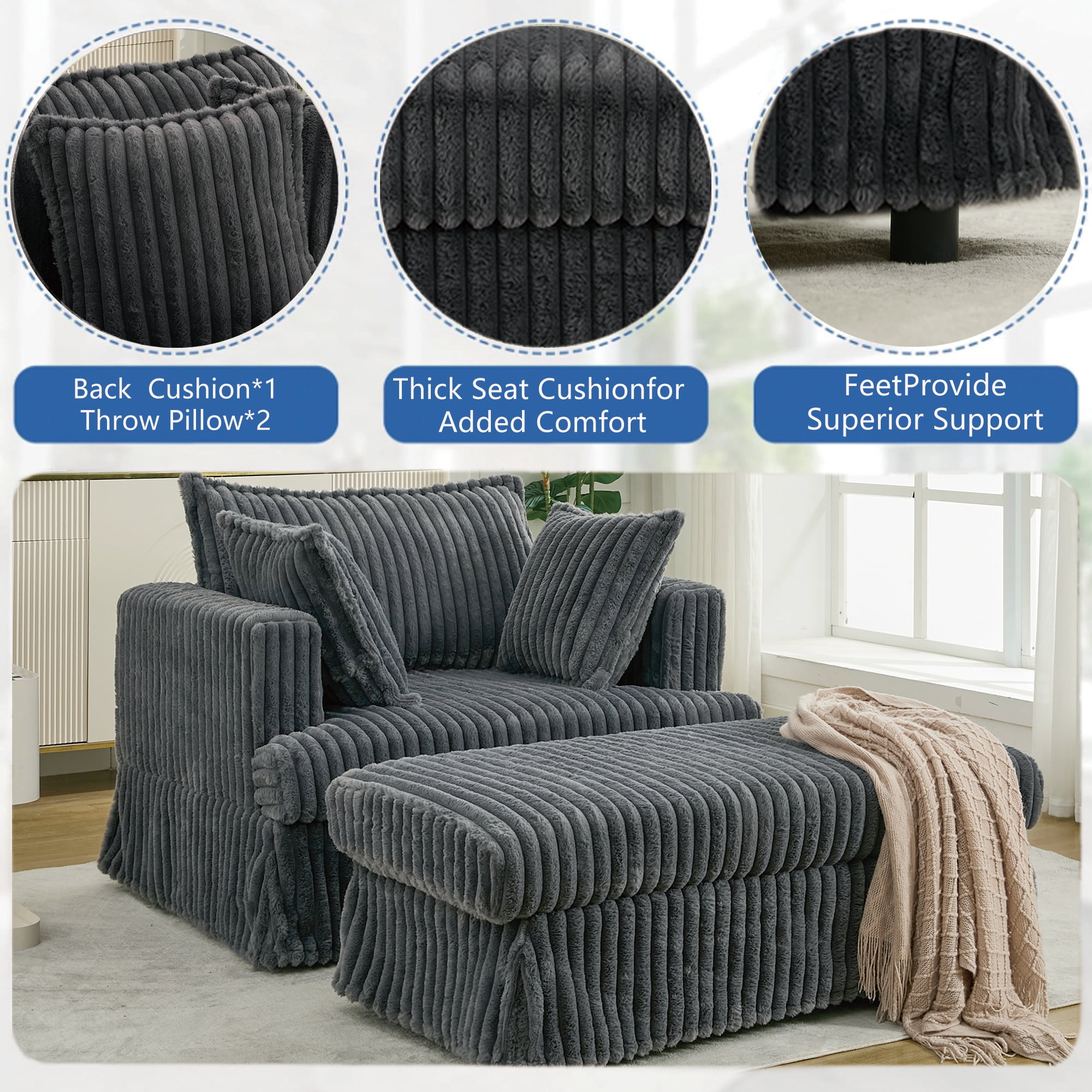 Aukfa 48" inch Chaise Lounge, Oversized Sofa Chair with Ottoman, 3 Pillows, Corduroy, Dark Gray