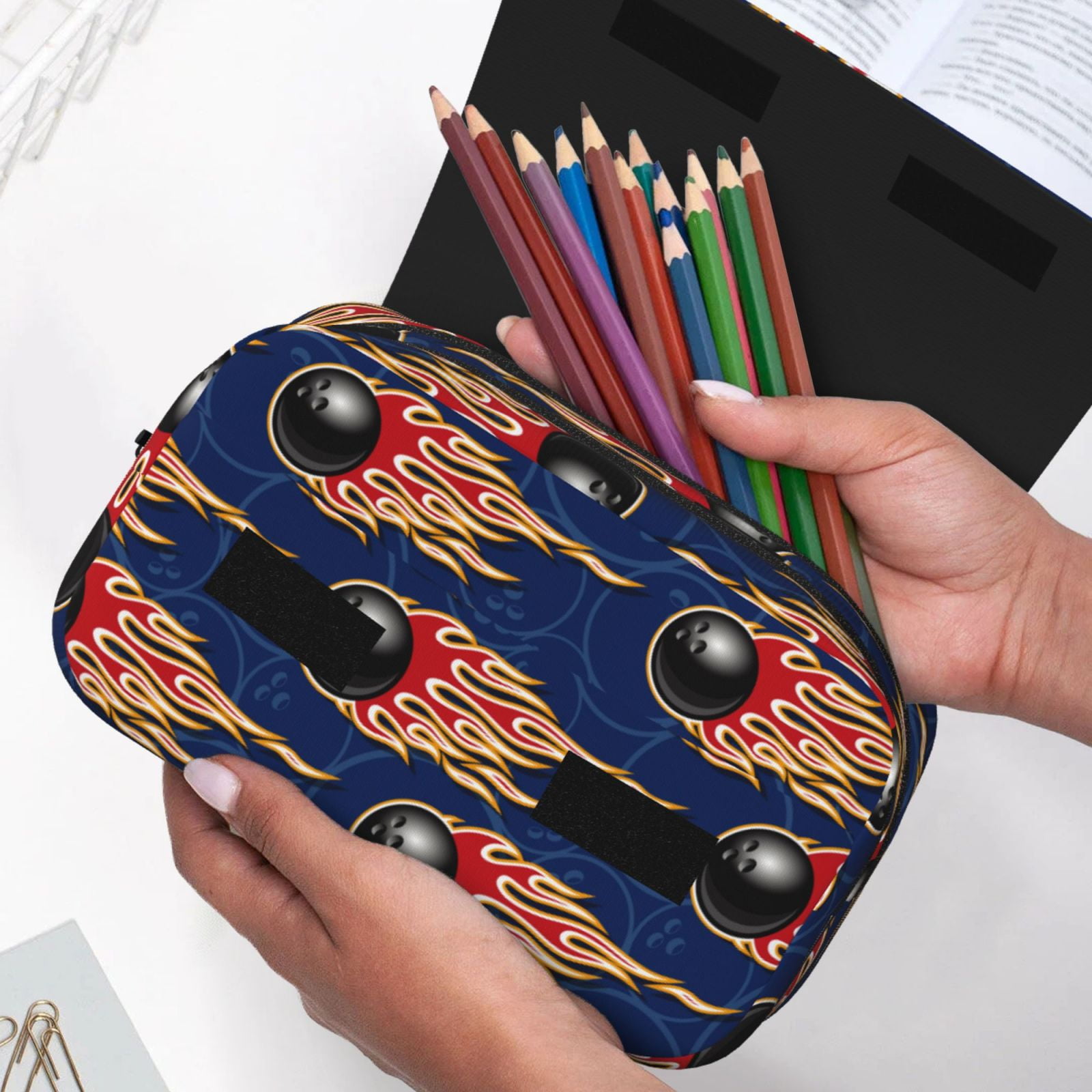 Rateoe Bowling Ball And Flame Pattern Double Clamshell Pen Case, Storage Organizer with Two Zipper Compartments– Holds Up to 50 Pencils & Pens