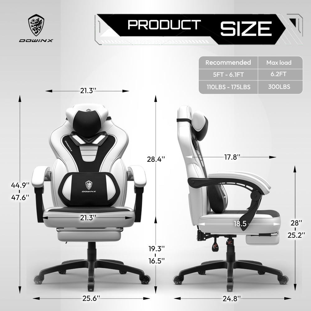 GOOSEA Gaming Chair with Footrest and Lumbar Massage, High Back Ergonomic Computer Desk Chair, Big and Tall Office Chair with Retractable Footrest, 300lbs, White