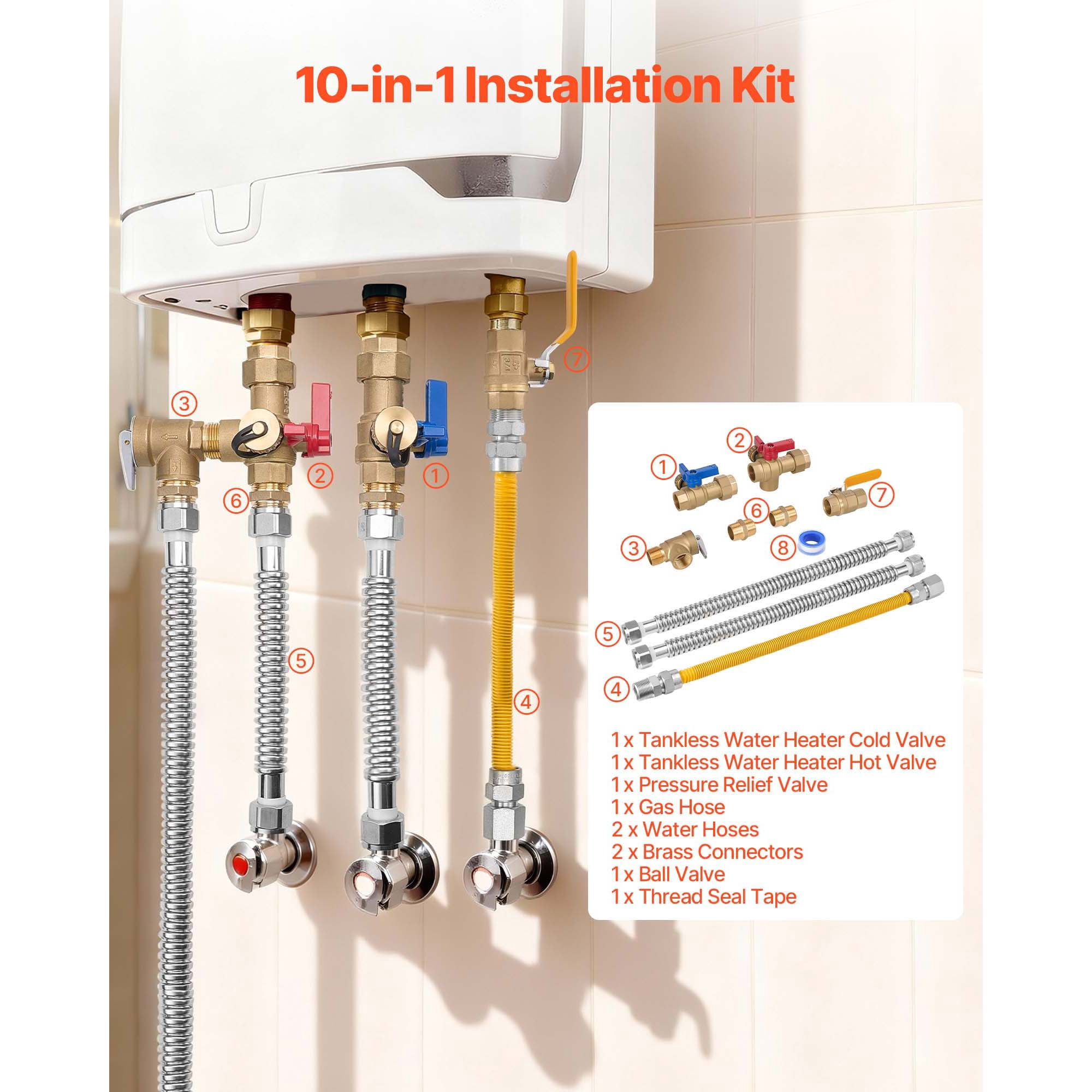 KFFKFF Water Heater Kit, 3/4 Inch Hot & Cold Water Plumbing Repair Set with Isolation Valves, Pressure Relief Valve, Ball Valve, Gas Hose, Works with Various Tankless Water Heater Models