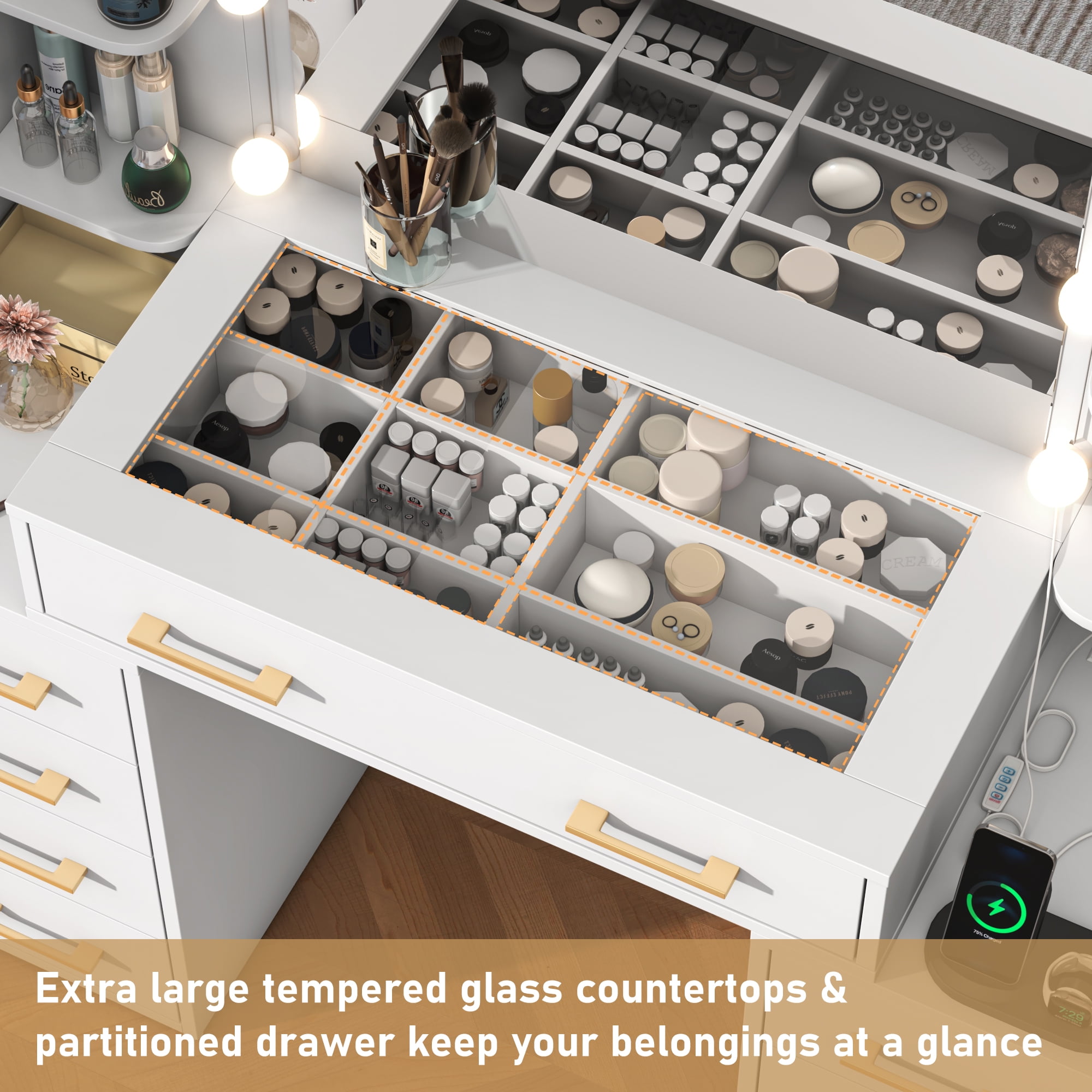 White Vanity Desk with Mirror & LED Lights, Glass Top Vanity Desk with Charging Station & Compartment Storage Drawers, 55" Large Makeup Vanity Table with 9 Drawers & 6 Shelves