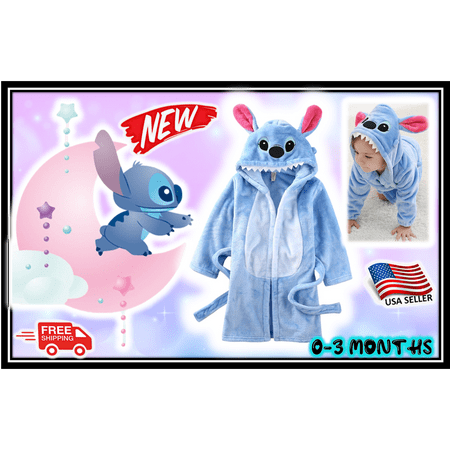 Stitch Lilo-Blue Baby Hooded Bathrobe Infant Bath Towel Wrap, Costume, 0-3 Months- NEW