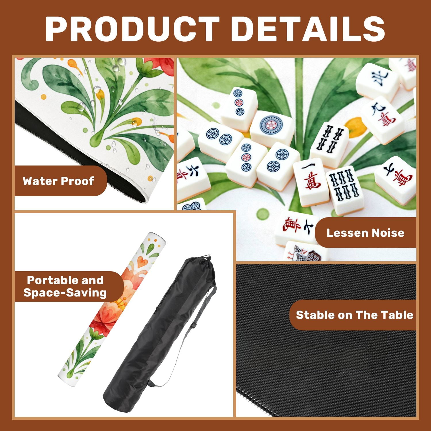 Mahjong Mat 31.5" x 31.5" Bohemian Floral Mandala Seamless Hearts Leaves Soft Pastel Colors Non-Slip Noise Reduction Mahjong Tiles Table Cover for Dominoes Poker Card Board and Tile Games