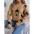 thumbnail image 4 of V Neck Star Pattern Distressed Detail Cropped Sweater for Women Brown Small, 4 of 5