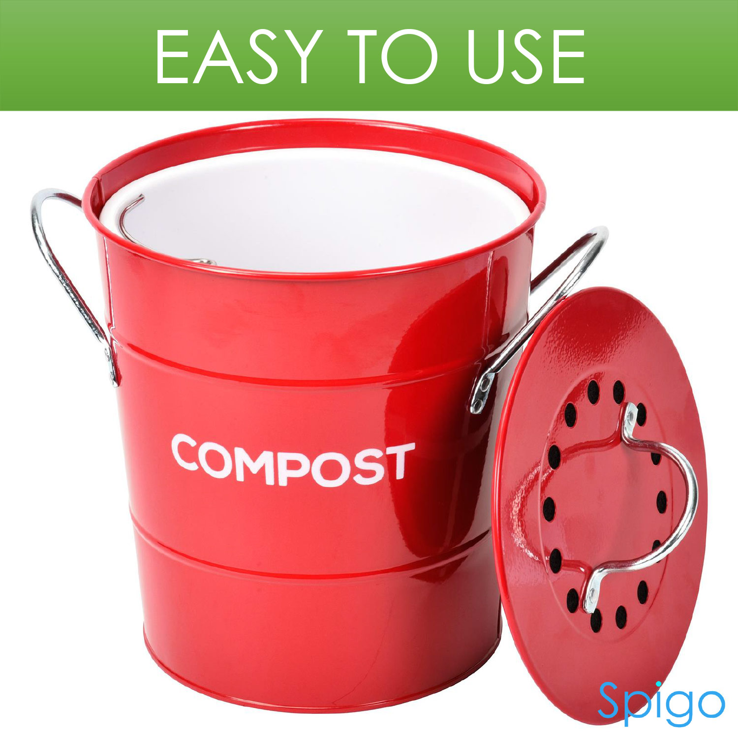 Spigo Steel Kitchen Compost Bin With Vented Charcoal Filter and Bucket