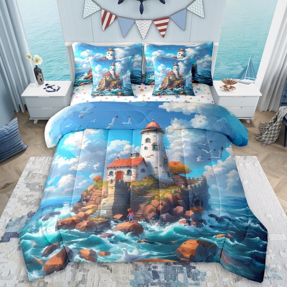Erosebridal Coastal Lighthouse Cottage Twin Bedding Sets 7-Piece For Boys Girls,Teens Ocean Beach Sunset Bedding Comforter Set,Ultra Soft Home Decor