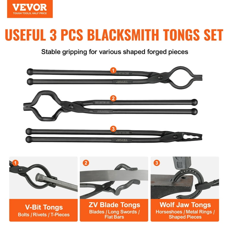Bentism Blacksmith Tongs, 18 inch 3 Pcs, V-Bit Bolt Tongs, Wolf Jaw Tongs and Z V-Bit Tongs, Carbon Steel Forge Tongs with A3 Steel Rivets, for