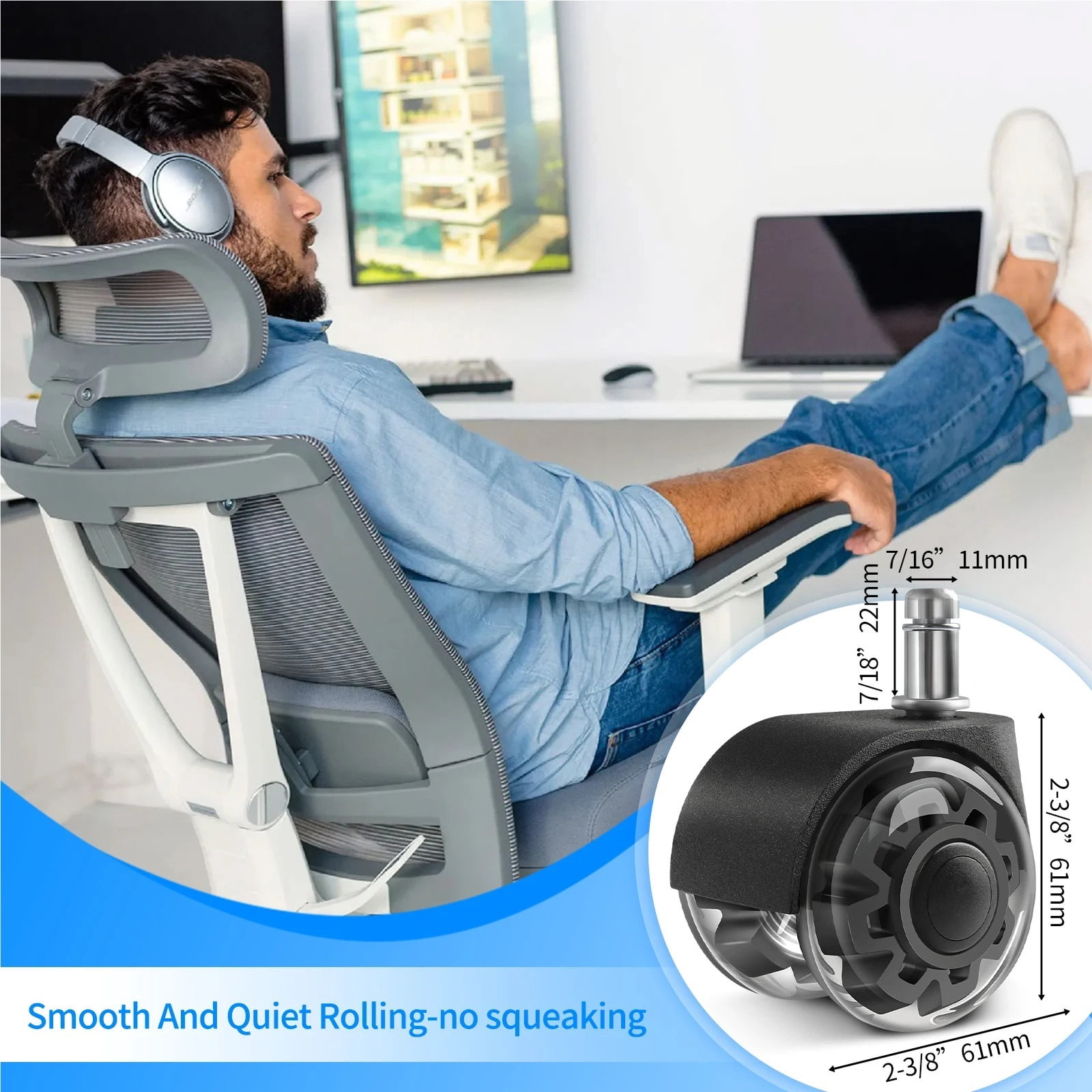 5 Pcs 2inch Office Chair Caster Wheel Rotating Rubber Soft Safety Roller Pu Transparent Furniture ,Quiet and Smooth