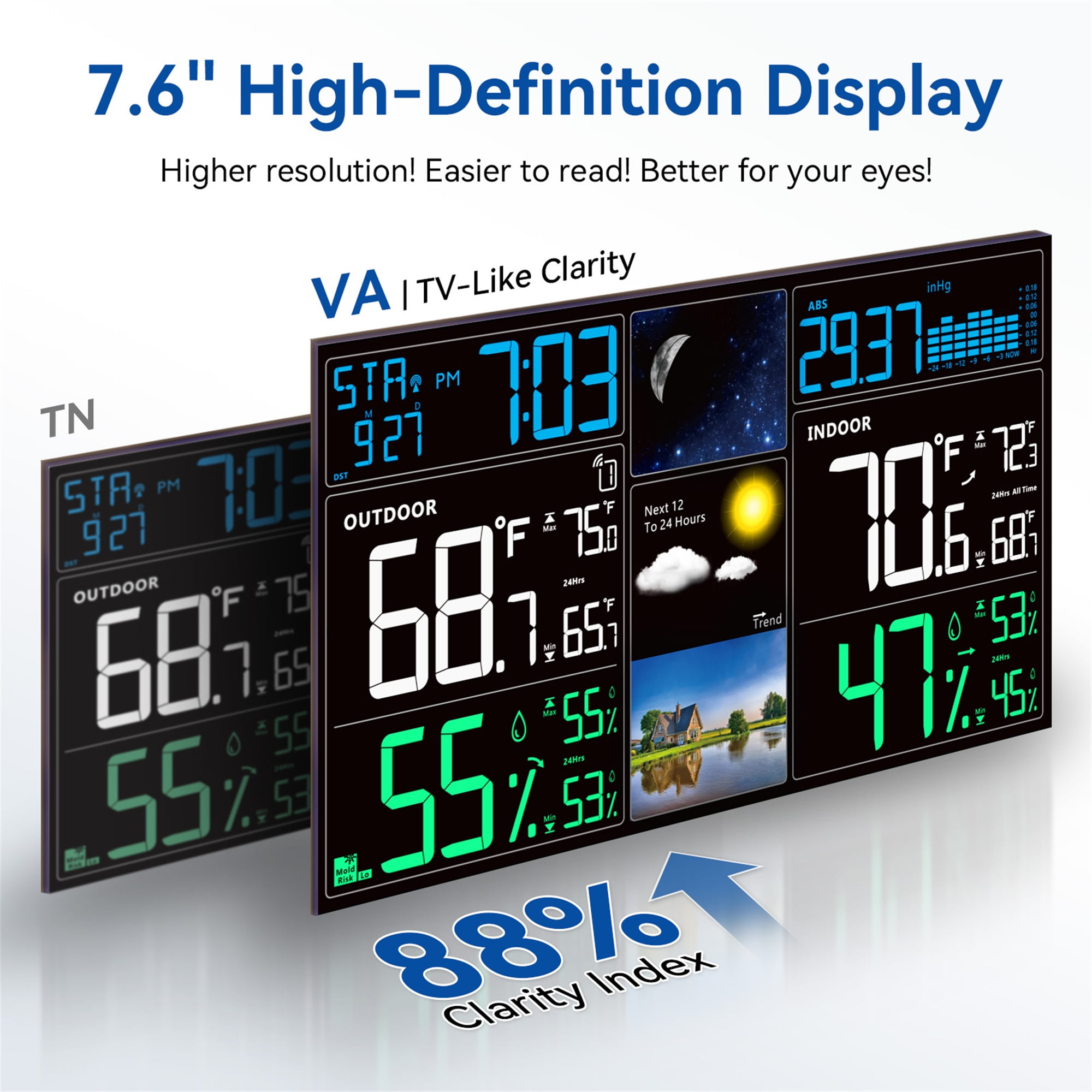 FOKEY 7.5" Color Display Digital Weather Station for Home with 1 Outdoor Sensor, Indoor Outdoor Thermometer with Humidity Monitor, Alarm, Forecast, Black