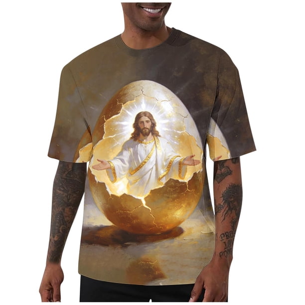 Camisas de Manga Corta de los Hombres Casual con Estampado de Pascua, Cuello Redondo Suelto Elástico Deportivo Top para el Uso Diario