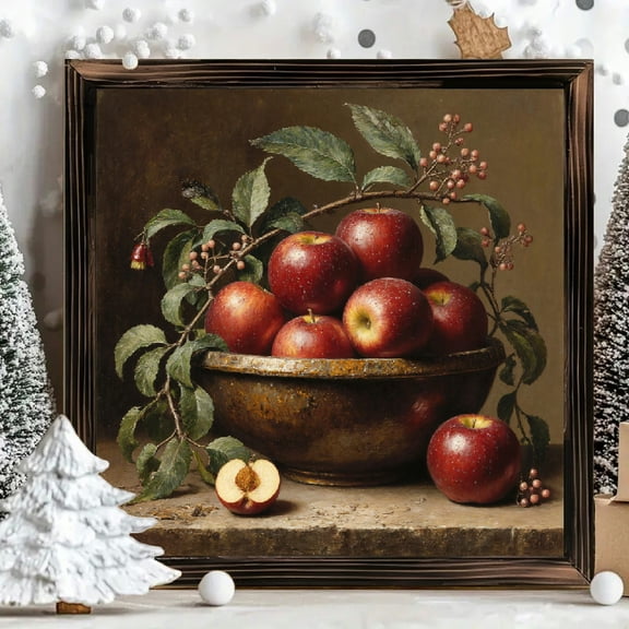 8x8 Inch Framed Wood Wall Art, Rustic Still Life Apple Fruit Painting on Wood Panel, Square Decorative Artwork for Kitchen Dining Room Wall Decor 1pc