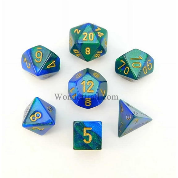 Blue and Green Gemini Dice with Gold Numbers 7 Dice Set 16mm (5/8in) Chessex
