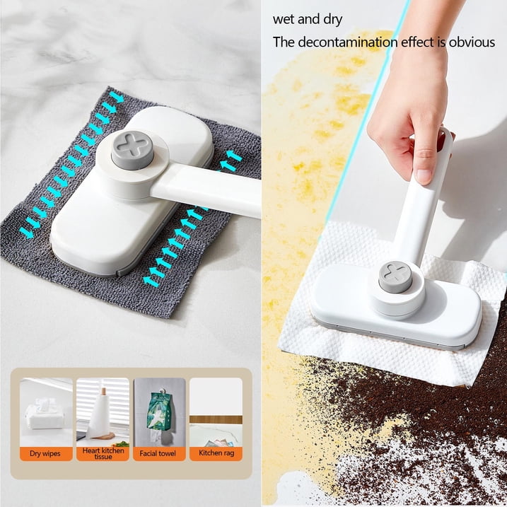 One Click Automatic Cleaning Brush with Cloth Clip - Multipurpose Mini Mop for Bathroom, Kitchen, Wall Cleaning - Portable Household Cleaning Tool for Wet & Dry Use - Yellow/Gray Plastic Design
