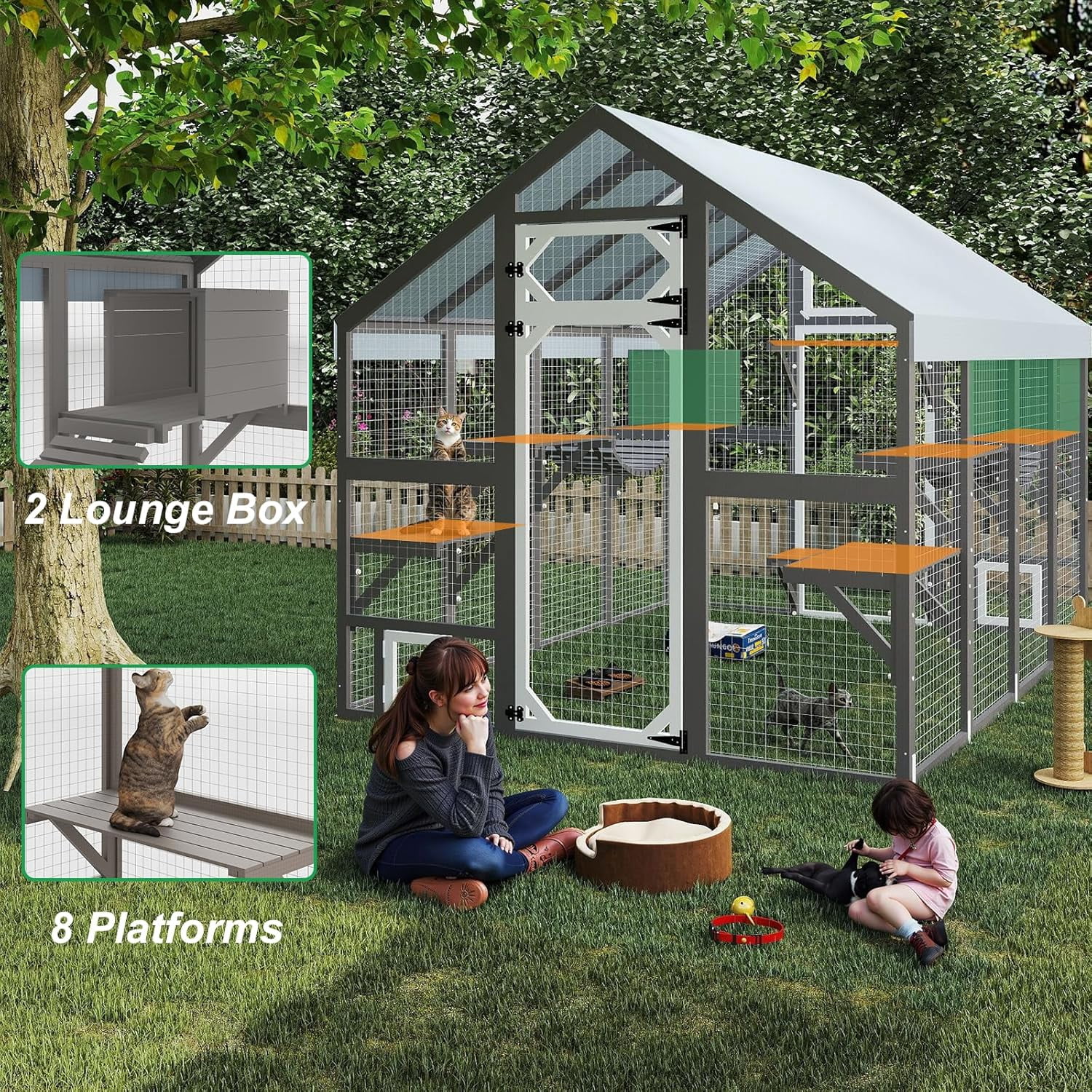 Gowoodhut Extra Large Catio Outdoor Cat Enclosure Waterproof, Walk-in Outdoor Pet House for Multiple Cats, Catio Cat Run Cage with Bridges, Weatherproof Full Cover, 8 Platforms, 2 Resting Box
