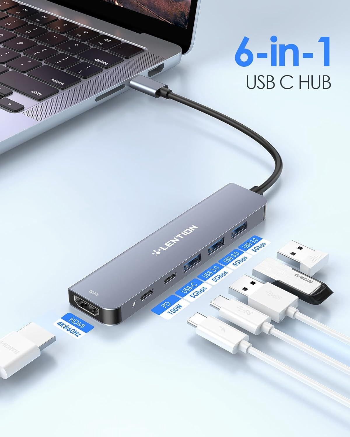 USB C Hub, Multiport with 4K@60Hz HDMI, 3xUSB-A Ports, USB-C Data Port, 100W PD Port, Compatible New MacBook Pro/Air, iPhone 17 Pro/Pro Max, Surface, Chromebook, More(CE35p, Gray)