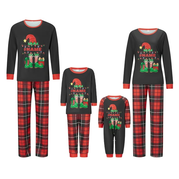 Elippeo Christmas Family Pajamas Matching Set, Long Sleeve Elf Legs Print T-shirt with Plaid Pants Sleepwear Loungewear