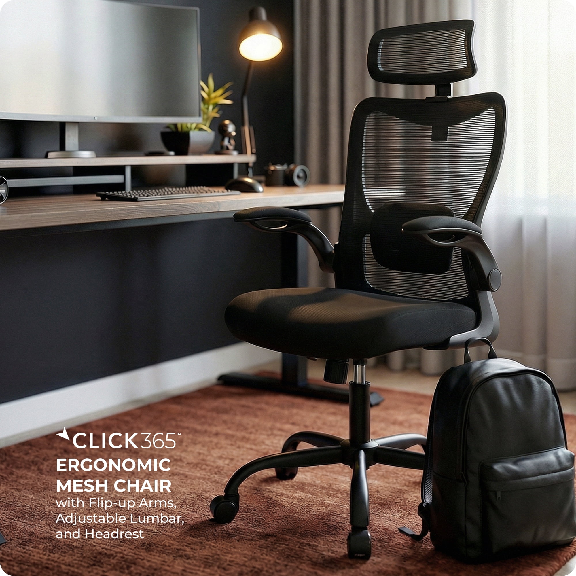 Click365 Adult Mesh High Back Indoor Residential Ergonomic and Adjustable Headrest Office Chairs, Hardware Kit, Black