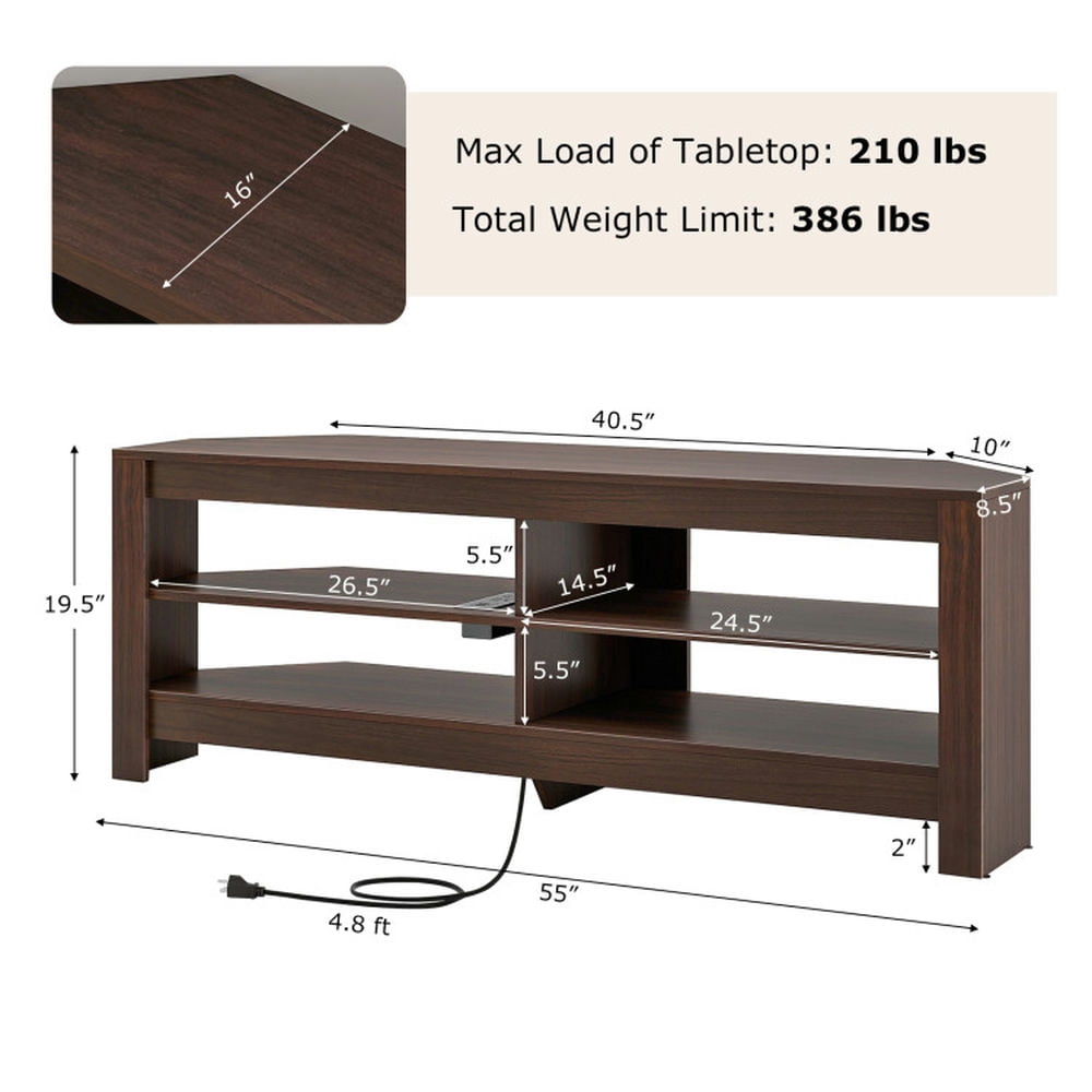 Finihen TV Stand, Entertainment Center, Corner TV Stand with Power Outlet and 4 Open Storage Shelves, for Living Room, Brown