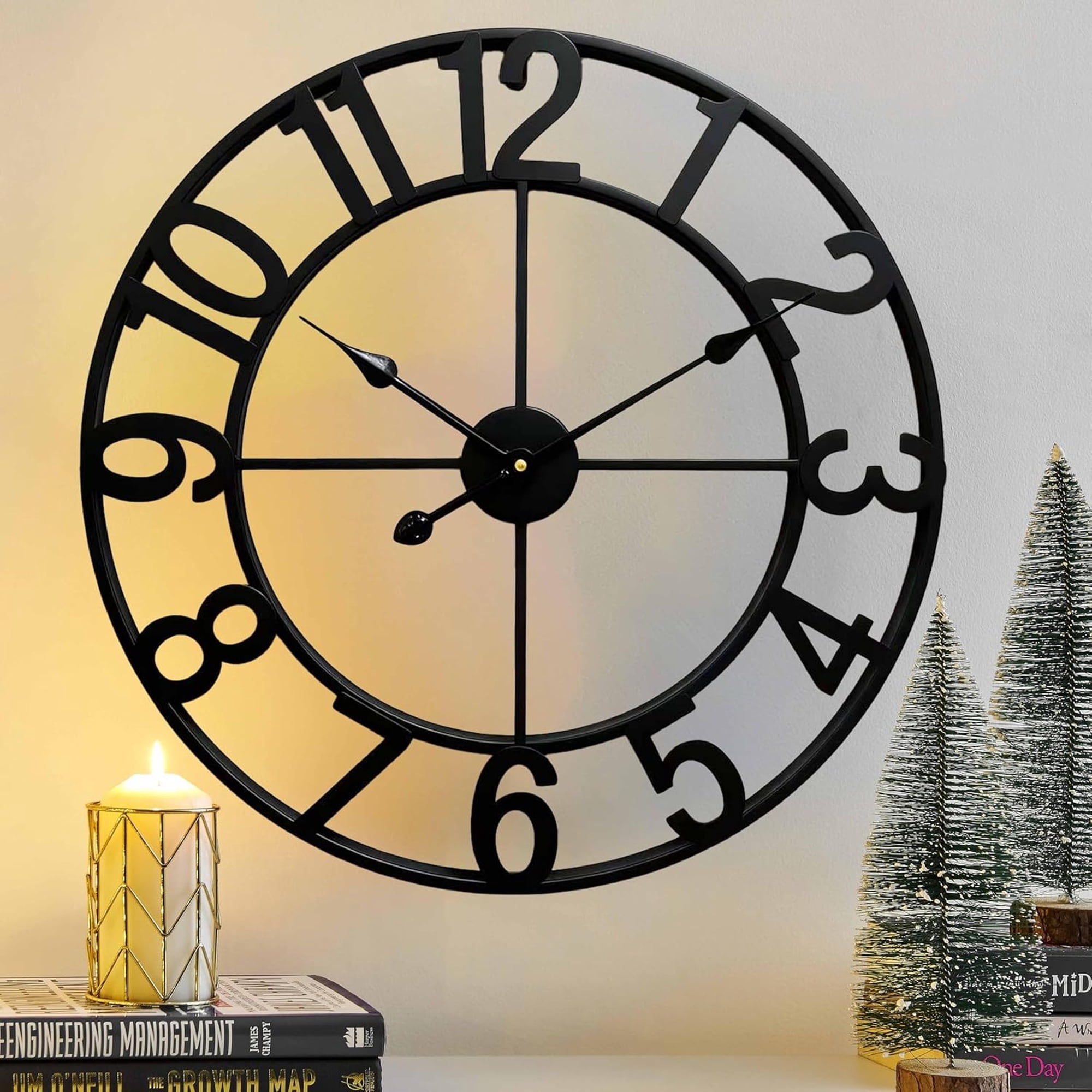 TUWAFE Silent 20 Inch Wall Clocks for Living Room Decor,Arabic Numeral | Non Ticking, Matt Black,Thicker Metal Wall Clock for Dinning Room,Entryway,Home Office &Amp; Fireplace Decor