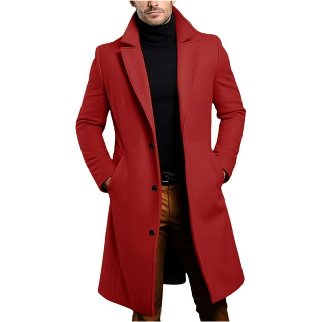Lovzfmll Men's Wool Blend Trench Coat Notched Lapel Side Pockets Mid-Length Red, M