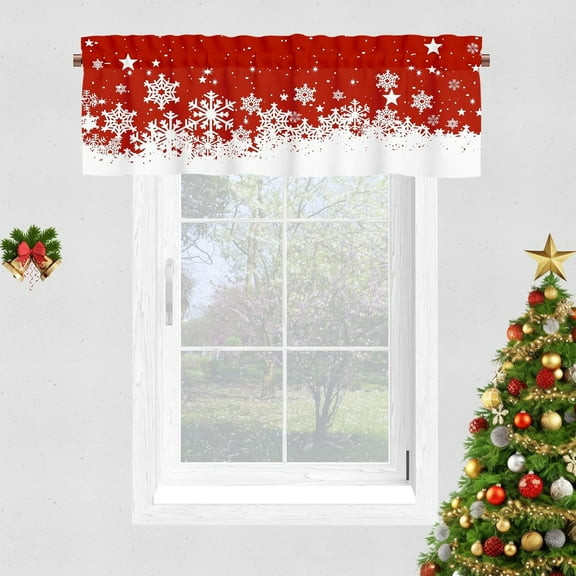 Valance Curtains for Kitchen Windows, Red Xmas Snowflake Christmas Velvet Window Valances, Winter Window Treatment Rod Pocket Valance for Bedroom Bathroom Cafe Room 52x18 inch