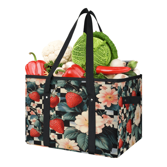 ADECORIVY Checkerboard Strawberry Flowers Reusable Grocery Bags, Foldable Shopping Bags for Groceries with Handles, Large Grocery Tote for Kitchen, Market, Car, Trunk, Picnic