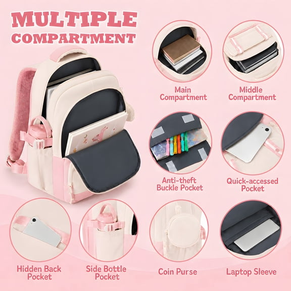 Student School Backpack Lightweight Waterproof Large Size, Breathable Padded Shoulder Straps College Bookbag with Detachable Coin Purse Pink