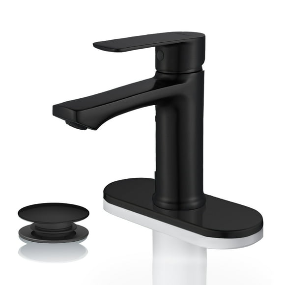 BELZ Grifo de Baño Moderno de una Sola Manija con un Agujero, Grifo de Lavabo de Tocador con Desague Emergente y Placa de Cubierta para 1 O 3 Agujeros, Negro