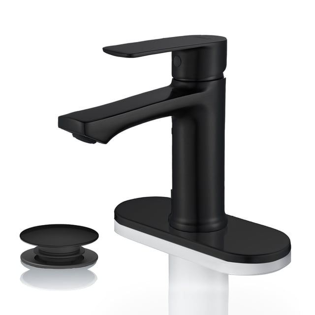 BELZ Grifo de Baño Moderno de una Sola Manija con un Agujero, Grifo de Lavabo de Tocador con Desague Emergente y Placa de Cubierta para 1 O 3 Agujeros, Negro