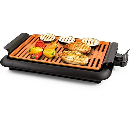 OVENTE Electric Indoor Grill with 15x10 Inch Non-Stick Cooking Surface, 1200W Fast Heat Up Power, Adjustable Temperature, Removable and Dishwasher Safe Grilling Plate and Drip Tray, Copper GD1510NLCO