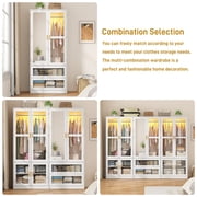 2 Doors Armoire Wardrobe Closet for Bedroom, with Mirror & 2 Drawers & LED Sensor Light, 71 H Wardrobe Closet Cabinet with Hanging Rod, Glass Doors