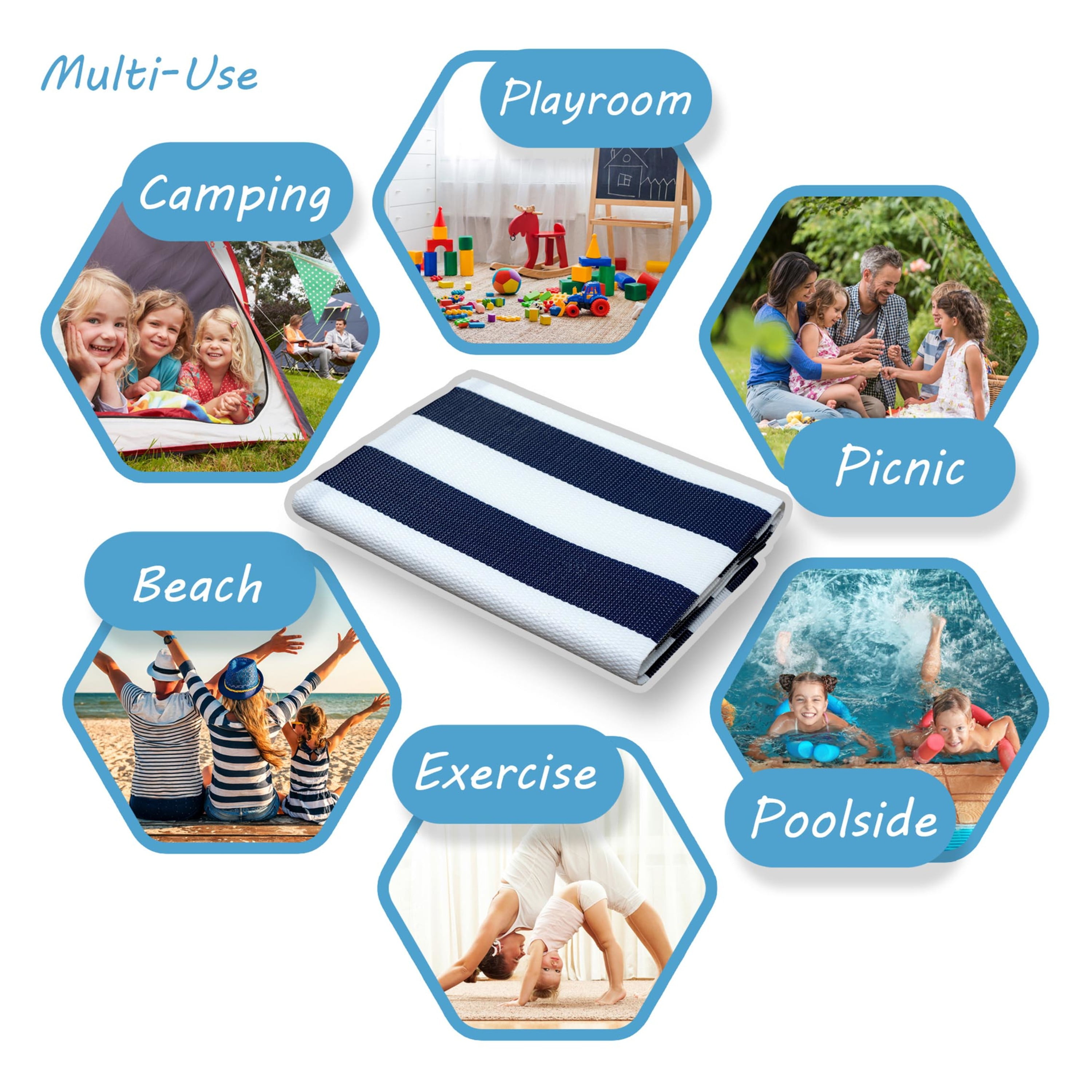 Luna Contemporary Stripe Navy and White Polypropylene Reversible Plastic Straw Outdoor Area Rug, 7'11'' x 10'3'' Rectangle