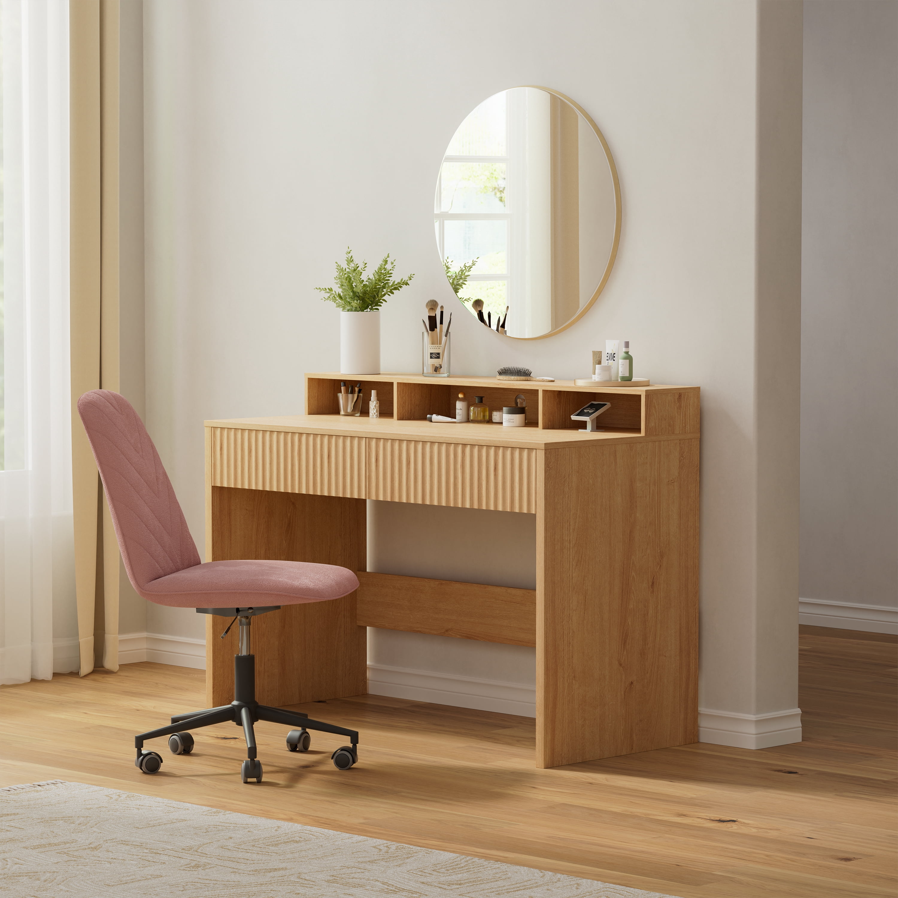 EYYTHUNG Fluted Office Desk with Storage Shelf, 47" Modern Wood Executive Desk with Long Monitor Stand & 2 Drawers, Home Writing Study Computer Table Vanity Desk, Natural Oak
