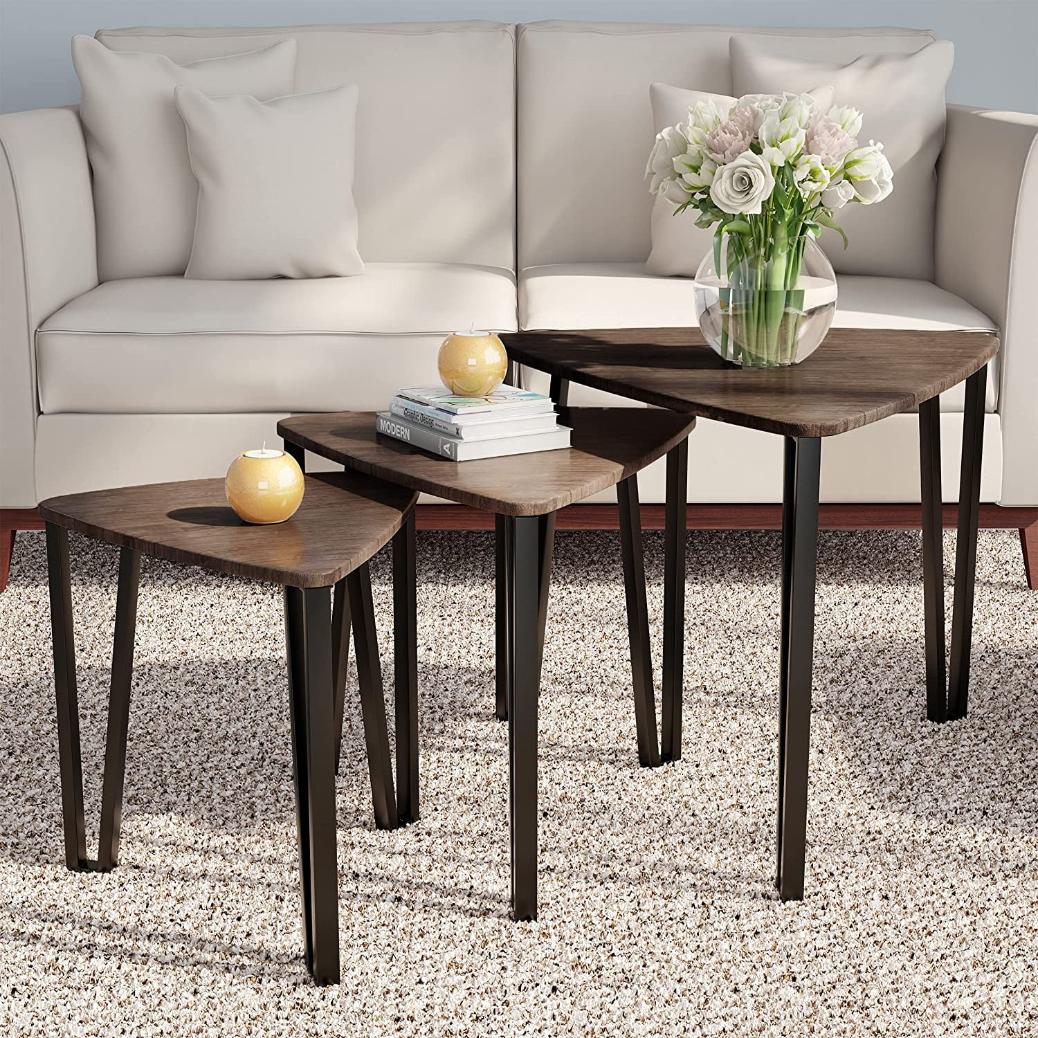 Private Jungle Nesting Triangle Side Table Set of 3,Modern Woodgrain Look for Living Room Coffee Tables or Nightstands-Vintage Brown Private Jungle Nesting Triangle Side Table Set of 3,Modern Woodgrain Look for Living Room Coffee Tables or Nightstands-Vintage Brown