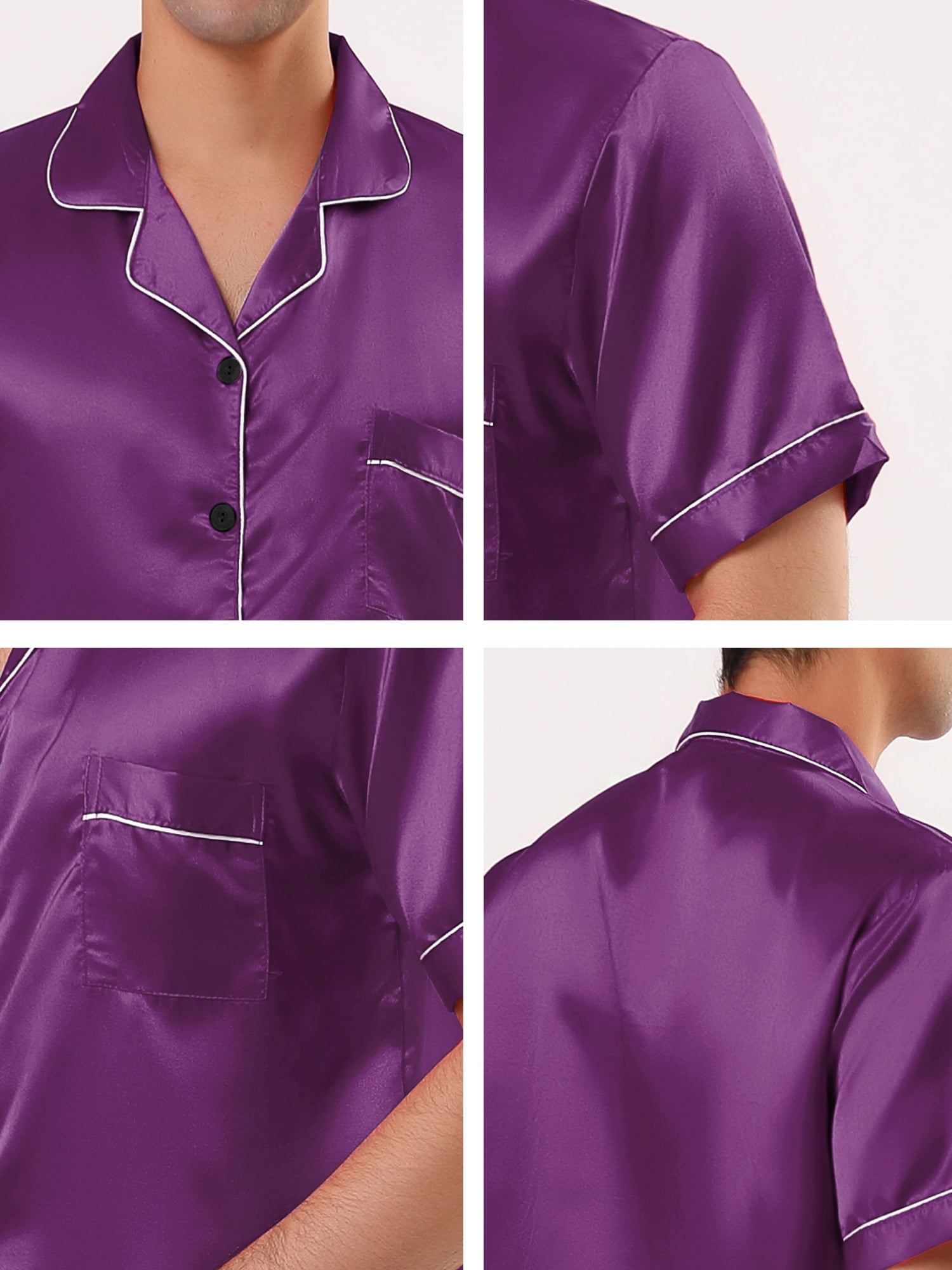 Unique Bargains Men's Button Down Satin Pajama Sets Short Sleeves Nightwear Small Purple