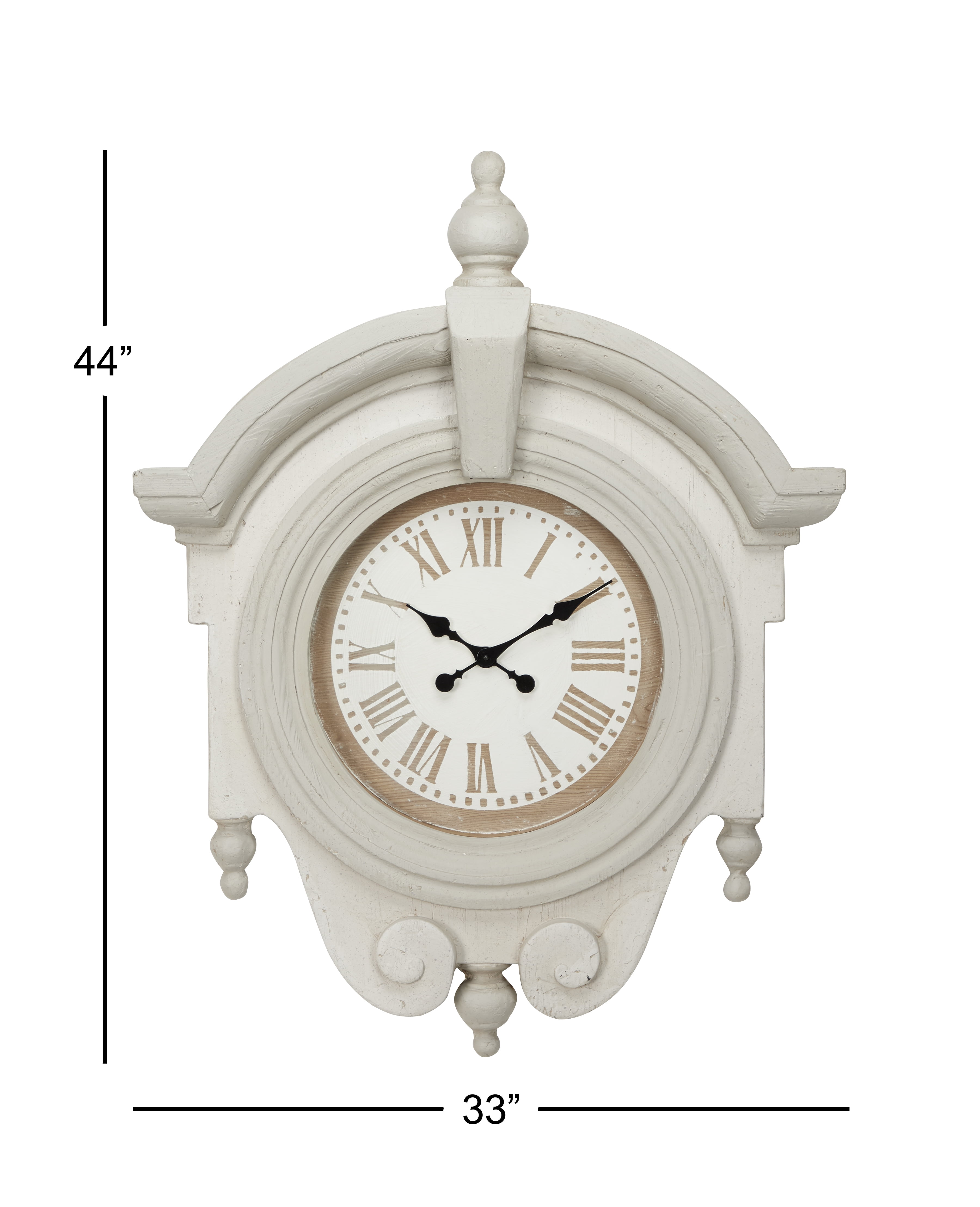 Decmode 33.5” x 44” Large Antique Light Gray Wood Round Wall Clock w/ Arched Frame & Finials
