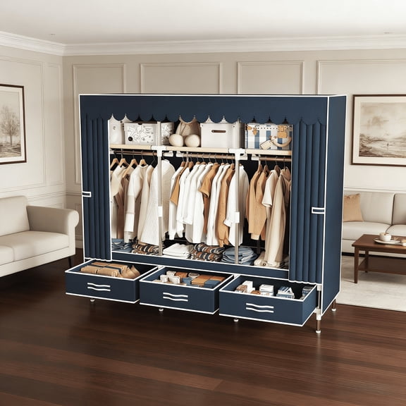 Large portable wardrobe with 3 storage spaces and 3 drawers, suitable for use in families, bedrooms, rental houses, international students' dormitories, and various storage scenarios.