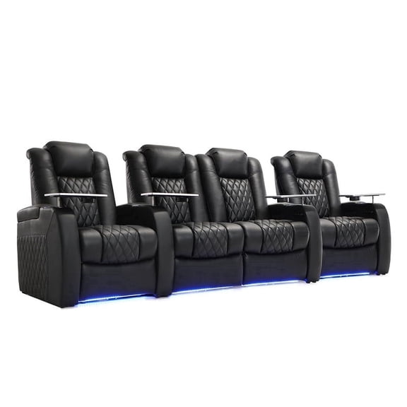 Weilianda Recliner Sofa Home Theater Seating Top Grain Leather Recliner Chair Power Recliner Movie Gaming Sofa with Type-C USB Charge Cup Holders (Row of 4 Loveseat Middle, Black)