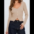 thumbnail image 4 of Cárdigan de Larga para Mujer, Suéter Corto de Punto Abierto, Chaqueta con Cuello en V y Botones para Otoño Albaricoque M, 4 of 10