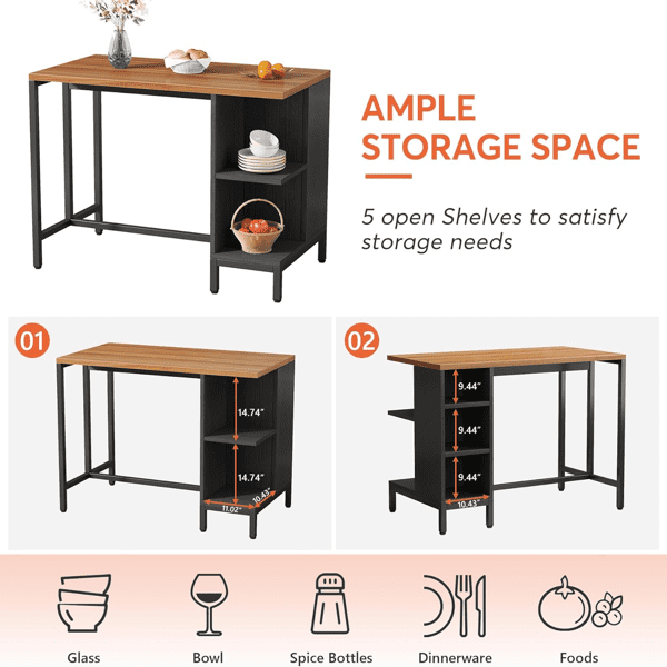 Kitchen Island with 5 Open Shelves - Rustic Walnut Grain Top, Matte Black Steel Frame, Versatile Storage for Small Spaces