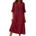 thumbnail image 5 of jtjvou 3/4 Sleeve Cotton Midi Dress for Women Summer Loose Button Up Stand Collar Beach Vacation A-Line Dresses with Pockets Wine XXL, 5 of 6