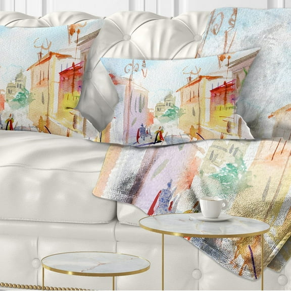 Designart Illustrated Parisian Street - Watercolor Cityscape Throw Pillow - 12x20