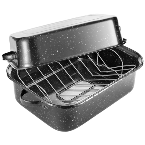 QPMR Bandeja para Asar con Rejilla, Asadera Rectangular de Granito de 21”, Capacidad para 11 kg, Olla Grande para Hornear Pavo con Tapa Versátil