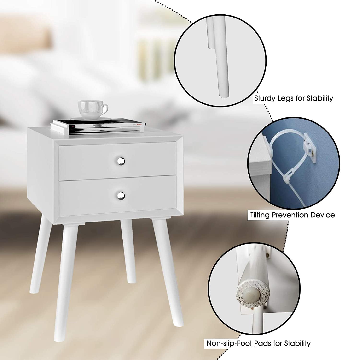 Giantex End Side Table Nightstand with Storage Drawer and Shelf, Wood Nightstand with 2-Drawers, Solid Wood Legs Living Room Bedroom Furniture