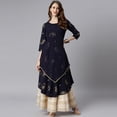 thumbnail image 3 of Janasya Indian Round Neck 3/4 Sleeve Floral Print Navy Blue Poly Crepe Kurta For Women, 3 of 7