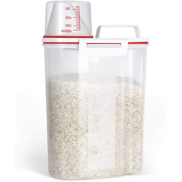 Contenant de Rangement pour Riz, Contenant Hermétique pour Aliments Secs de 2 kg avec Conception Gain de Place, Bac d'Organisation de Garde-Manger en Plastique Transparent Sans BPA avec Tasse à Mesurer et Bec Verseur