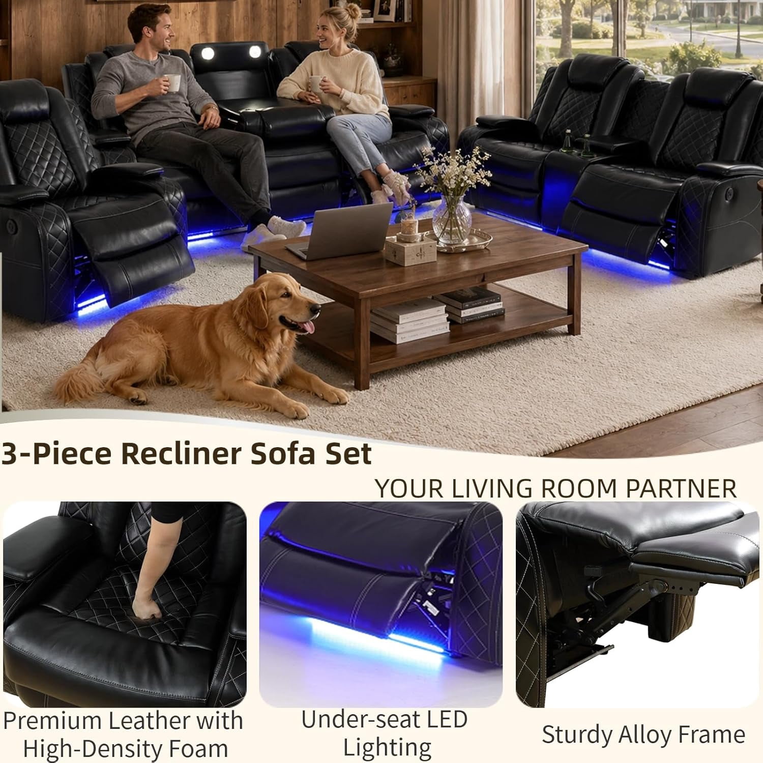 Power Reclining Leather Sofa Set, 3 Pieces Living Room Couch with LED, USB Ports, Cup Holders and Armrest Storage, Black