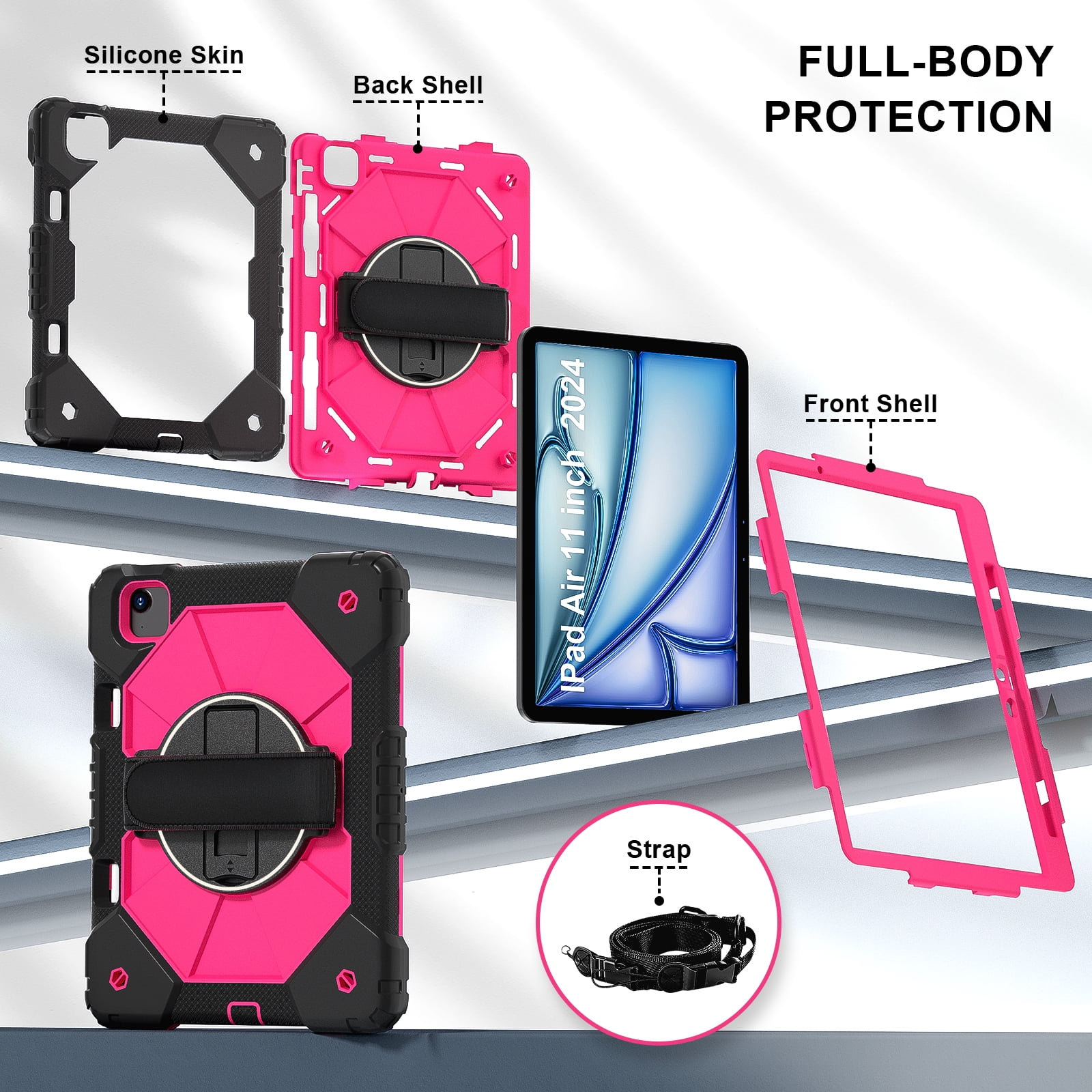 for iPad Air 13 inch (M2) 2024 Case, Military Grade Heavy Duty Silicone Protection Cover with Pencil Holder + 360 Rotating Stand + Wrist Handle Rugged Cover for iPad Air 13" 2024, Black+Rose