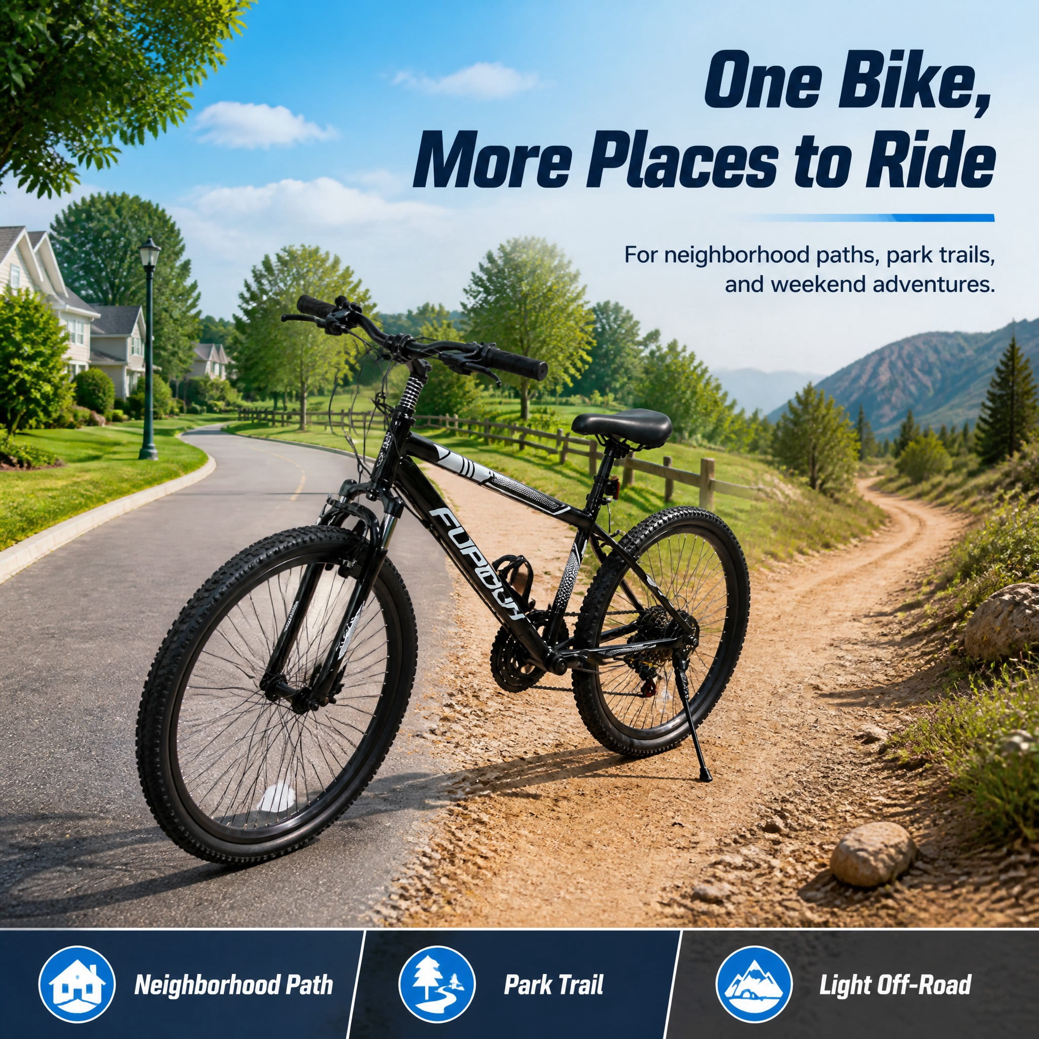 FUPOJH 24" Mountain Bikes for Men, Women & Boys, 7-Speed, V-Brakes, off-Road Tires,Black
