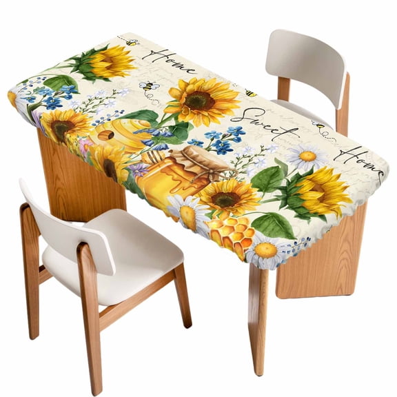 Yellow Sunflowers Table Cloths for 6 Foot Rectangle Tables, Daisy Bees Elegant Pastoral Floral Patio Waterproof Elastic Fitted Tablecloths, Washable Rectangular Table Cover for Camping